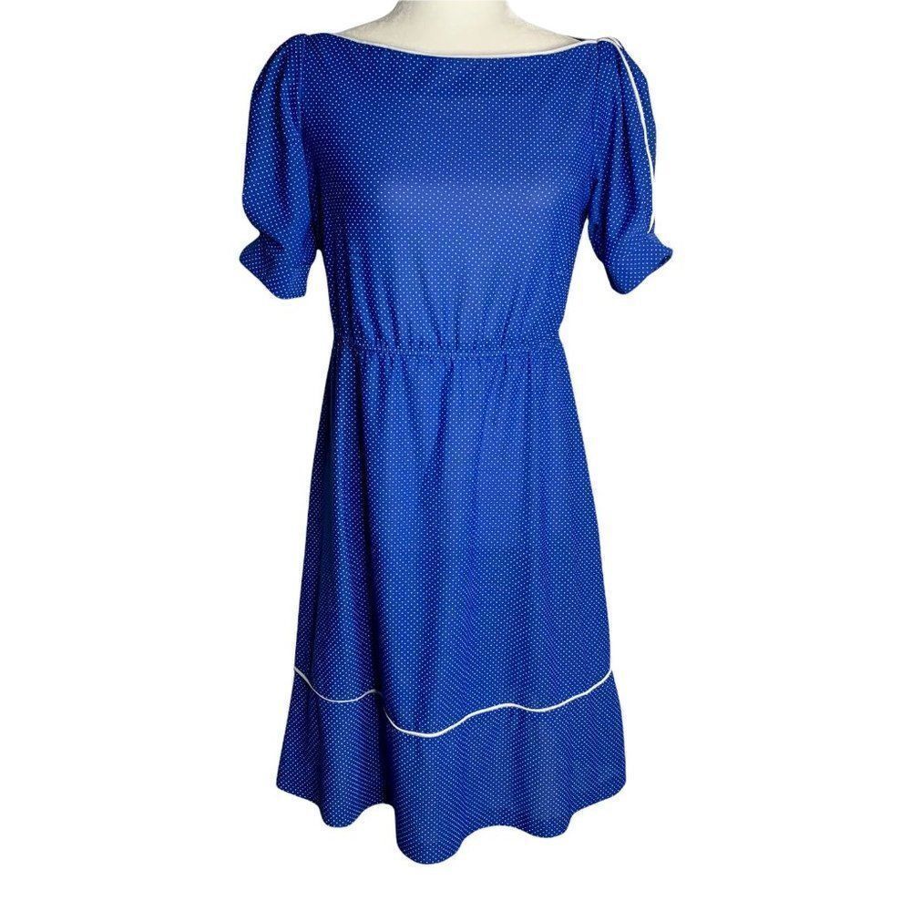 Vintage 70s 80s Polka Dot Short Sleeve Midi Dress S Blue Puff Sleeves
